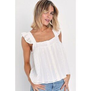 Lulus Angelic Sweetie White Ruffled Embroidered Button-front Top - Size S